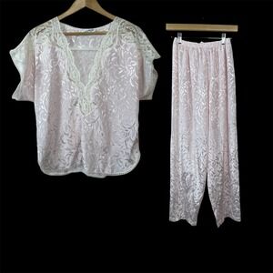 Lily of France Pajama Set‎ Womens Medium Pink Vintage Lace Jacquard Excellent